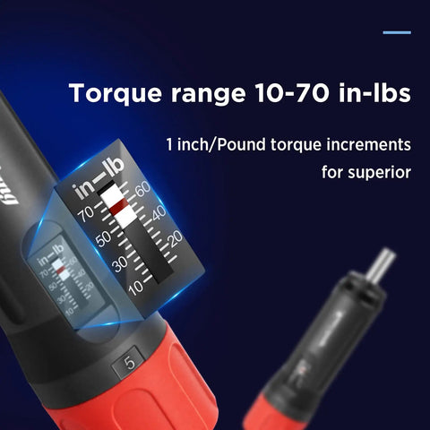 Torque Screwdriver Set 10 To 70 Inch Pounds With 10 Bits For Maintenance, Bike Repair, Mounting And General Tools, Easy Preset Locking Mechanism, Precise Adjustable Torque close-up showing torque range.