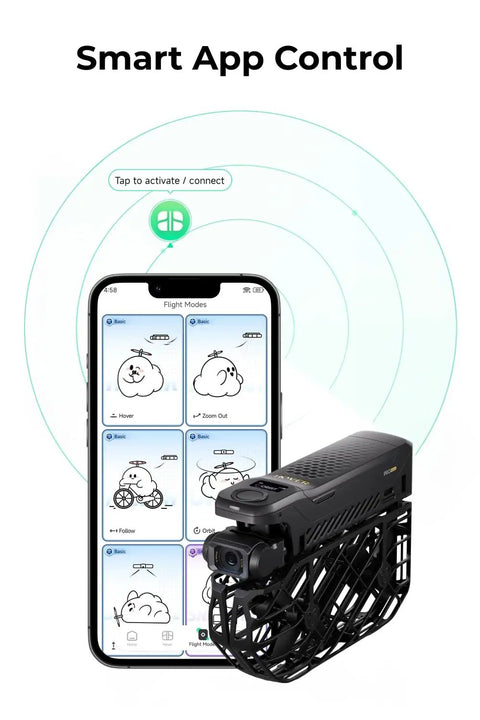 Lit 8K Action Flying Camera Drone With Foldable Design showing smart app control on smartphone screen