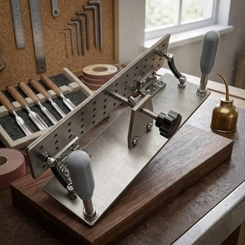 Evenoonest Portable V Clamp Sanding Machine Stainless Steel Handheld Belt Sander Fixed Angle Sharpener on workbench.