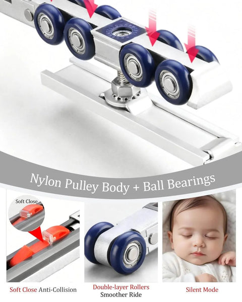 Heavy Duty Sliding Door Track Kit With Side Mounted Hardware showing double-layer rollers and soft close features in silver aluminum