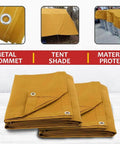 Tan 16 Foot By 20 Foot Heavy Duty Tarp 12 Oz Polyester Water Resistant And Breathable With Double Stitched Seams displayed folded.