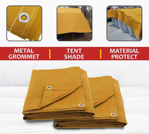 10 By 16 Tan Canvas Tarp 12oz Heavy Duty Water Resistant With Breathable Fabric And Double Stitched Seams One Piece Outdoor Shelter Cover showing metal grommets and folded tarp.