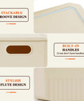 Detailed corner and handle design of beige storage bins, showcasing stackable groove, built-in handles, and flute design.