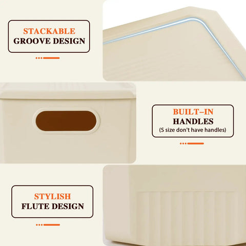 Detailed corner and handle design of beige storage bins, showcasing stackable groove, built-in handles, and flute design.