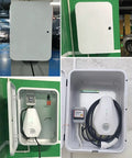 Send Cable Clutter Packing With This Heavy Duty Galvanized Steel Outdoor EV Charger Enclosure Box showing open view with EV charger inside.