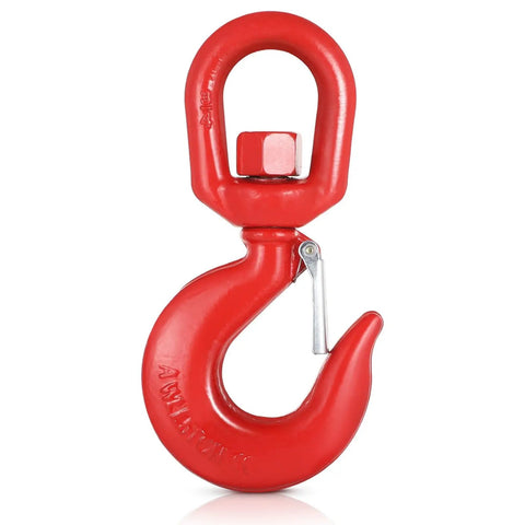 Heavy Duty Alloy Steel Swivel Lifting Hook With Secure Safety Latch Boasts 6600 Pound Load Capacity, red finish, rigging use