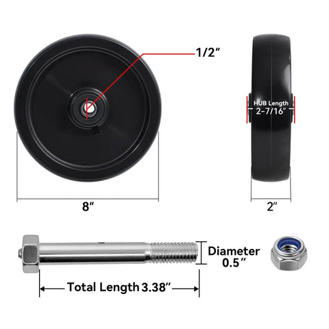 Eight Inch By Two Inch Polyolefin Caster Wheels Heavy Duty Swivel Plates, top view with dimensions shown for utility carts.