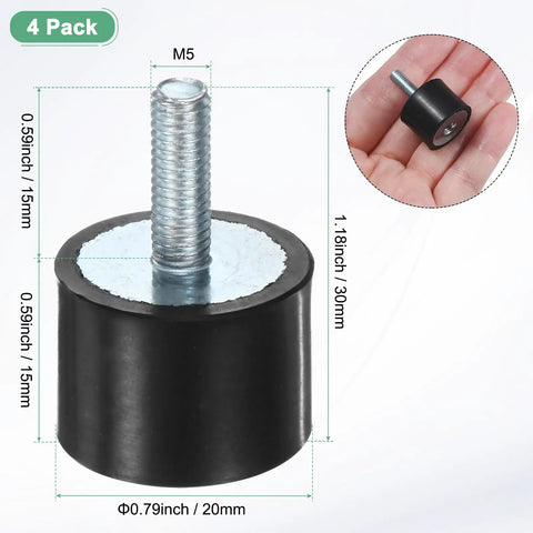 4 Pack Rubber Mounts D20mm X H15mm Vibration Isolators With M5 X 15mm Studs For Air Compressors Motors Pumps Boats And Garage Gear Eliminates Noise And Vibration For Better Performance And Longer Equipment Life. black rubber mount with M5 stud, 20mm x 15mm