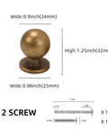 Antique Brass Kitchen Cabinet Knobs 10 Pack Vintage Drawer Knobs Aged Bronze Zinc Alloy Hardware with screws and measurements.