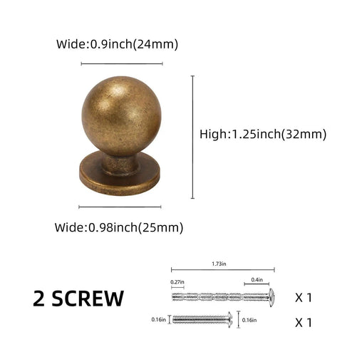 Antique Brass Kitchen Cabinet Knobs 10 Pack Vintage Drawer Knobs Aged Bronze Zinc Alloy Hardware with screws and measurements.