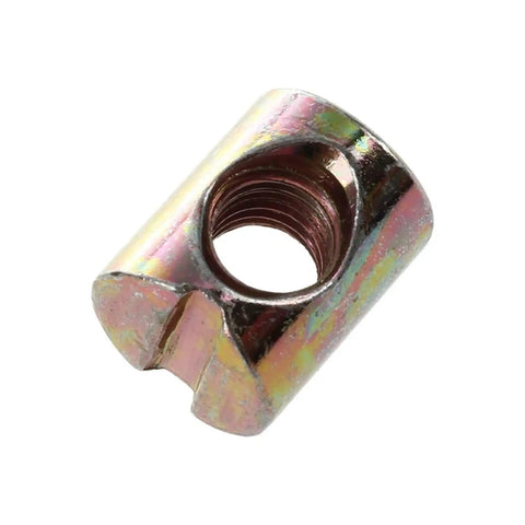 Close-up of a zinc-plated M6 barrel nut from the 100 Piece M6 Barrel Nuts Set For Hidden Furniture Fasteners Cross Dowel Slotted Nuts For Beds And Chairs Carbon Steel