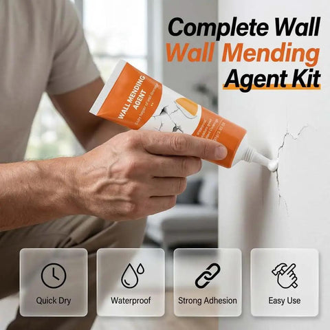 Person using All In One Drywall Repair Kit With Spackle Paste And Scraper For Quick Patch Fixes on a cracked wall.