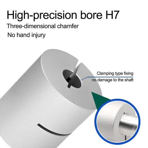 Heavy Duty Shaft Coupler 32mm OD, 45mm Length, Bore 10 To 14mm, Aluminum Anodized Connector For Industrial Automation, Precision H7 Machined Fit, Rock Solid Vibration Resistant Power Transfer For Strong, Reliable Machine Link close-up of H7 bore and chamfer