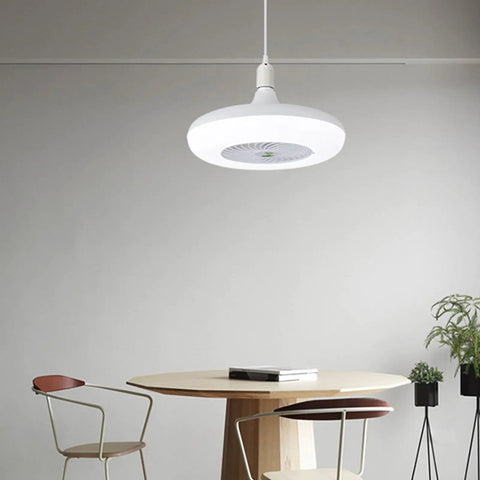 Hilitand E27 Ceiling Fan Light 4 in 1 Stepless Dimming LED Fan (Negative) hanging above a wooden table with chairs.