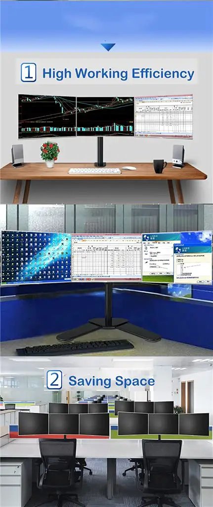 Straight Up Heavy Duty Triple Monitor Stand With 360 Degree Full Motion Arms For 10 To 24 Inch Screens showing workstation setup with multiple monitors.