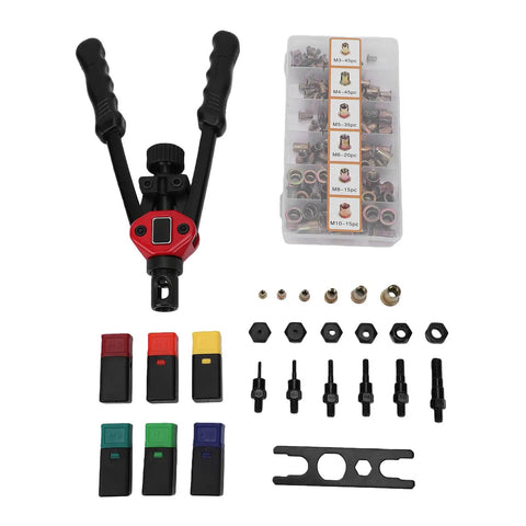 Rivet Nut Tool Kit With 175 Metric Rivet Nuts And 6 Mandrels M3 4 5 6 8 10 Plus Hand Setter displayed with components.
