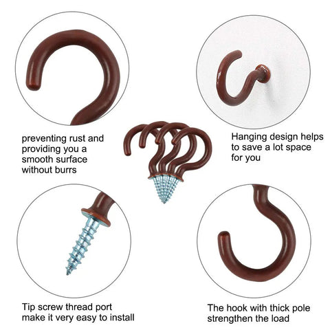 Cup Ceiling Hooks 1 Inch Vinyl Coated Metal Screw In Holder Hooks for home office plants outdoor lights, Brown, Pack of 20