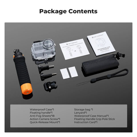 Package contents of 60 Meter Waterproof Case With Floating Handle Kit For DJI Osmo Action 6 showing all components
