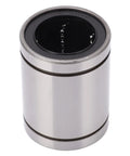 Front view of a silver cylindrical linear ball bearing with a black inner race.