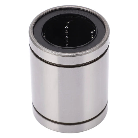 Front view of a silver cylindrical linear ball bearing with a black inner race.