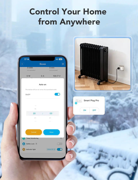 Person holding smartphone showing app control for Real Time Energy Monitoring Smart Plug With WiFi and Bluetooth connected to heater.