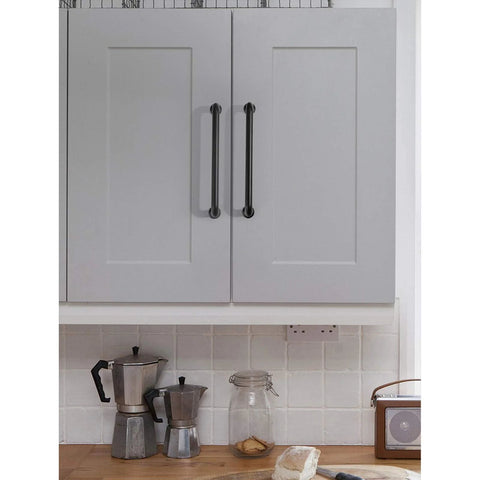 10 Pack Matte Black Kitchen Cabinet Pulls 5 Inch Center To Center 128mm Zinc Alloy Solid Round Drawer Handles installed on grey cabinet