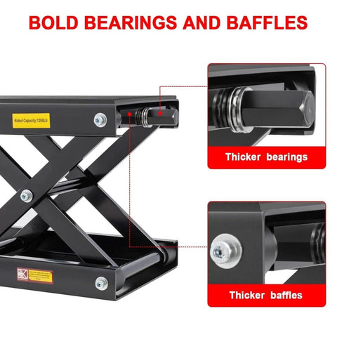 Close-up of 1200 Lbs Motorcycle Jack Lift Stand for Dirt Bike ATV scissor jack, showing enhanced bearings and baffles for durability.