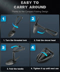 Collage of steps to fold Mini Folding Shovel In High Carbon Steel, showing threaded lock and compact design for portability.