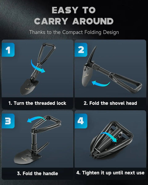 Collage of steps to fold Mini Folding Shovel In High Carbon Steel, showing threaded lock and compact design for portability.