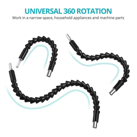 Three Piece Flexible Drill Bit Extension Set with various lengths showing universal 360 rotation feature for tight spots.