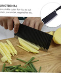 Front view of SOLUSTRE stainless steel wavy chopper knife for crinkle potato slices on a cutting board