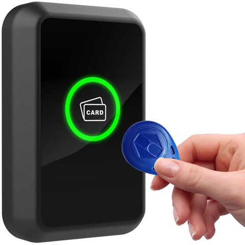 Hand holding a key fob near a 125KHz RFID Card Reader With Wiegand 26 Bit Or Wiegand 34 Bit For Door Access Control System Outdoor IP66 Waterproof Buzzer