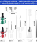 Amazon 7-piece sewing machine cleaning kit: curved tweezers, fluffy brush, needle-board screwdriver, and four screwdrivers.