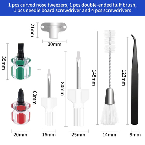 Amazon 7-piece sewing machine cleaning kit: curved tweezers, fluffy brush, needle-board screwdriver, and four screwdrivers.