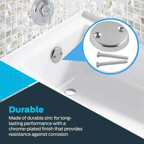 Heavy Duty Stainless Steel Tub Overflow Faceplate With Matched Screws Fitting Standard Bathroom Drains Super Easy Setup No Sweat Install Rust Resistant Smooth Finish Close-up of stainless steel tub overflow faceplate and screws.