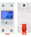 Front and back views of No Fuss Single Phase Energy Meter 5 To 80A DDM15SC With LCD Display And 2P LED DIN Rail Wattmeter for Monitoring