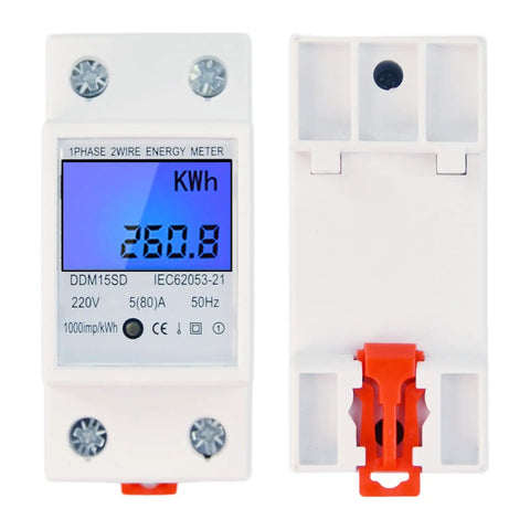 Front and back views of No Fuss Single Phase Energy Meter 5 To 80A DDM15SC With LCD Display And 2P LED DIN Rail Wattmeter for Monitoring