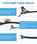 Image showing 5 pcs split cable sleeve with self-adhesive design and wires coming out for easy setup and organization.