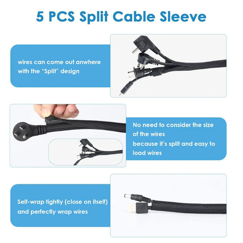 Image showing 5 pcs split cable sleeve with self-adhesive design and wires coming out for easy setup and organization.