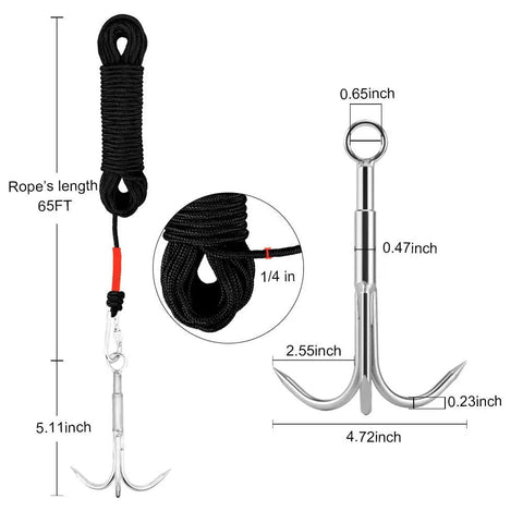 Heavy Duty 3 Claw Stainless Grappling Hook For Retrieval And Climbing Outdoor Gear With Carabiner Style Clip and rope dimensions
