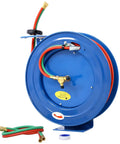 Retractable Welding Hose Reel With One Quarter Inch By One Hundred Feet Twin Oxygen Acetylene Hoses, 200 PSI, Heavy Duty Steel Construction