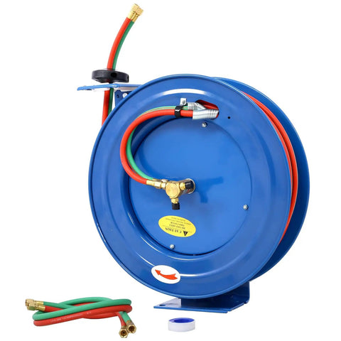 Retractable Welding Hose Reel With One Quarter Inch By One Hundred Feet Twin Oxygen Acetylene Hoses, 200 PSI, Heavy Duty Steel Construction