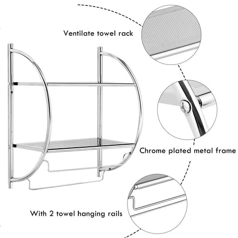 Wall Mount Two Tier Bathroom Shelf With Towel Bars Chrome Rustproof Finish 18 Inch Wide 22 Inch High Space Saving Bathroom Organizer