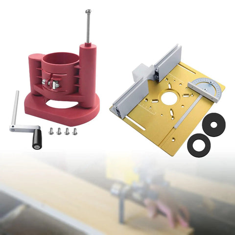 Precision Router Table Insert Plate With Micrometer Lift System Solid Aluminum Alloy Woodworking accessory kit showing lift plate and positioning jig.