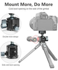 Ball Head Tripod With 360 Panoramic Rotation And 90 Degree Tilt, Built In Bubble Level, shown with camera mount details