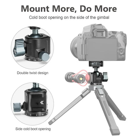Ball Head Tripod With 360 Panoramic Rotation And 90 Degree Tilt, Built In Bubble Level, shown with camera mount details