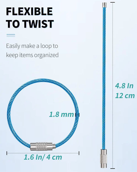 Blue 4 Inch Wire Keychain Cable with flexible loop, 12 pack, for outdoor hiking, travel; rugged stainless steel key ring holder.