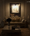 Rechargeable Picture Lights For Wall Art Set Of 2 illuminating framed artwork above sofa in dimly lit living room.