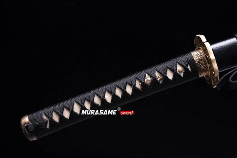 Close-up of grip on Katana Sword With T10 Steel, Clay Tempered For Real Sharp Edge, Battle Ready Hand Forged Blade With Hamon, Brass Tsuba