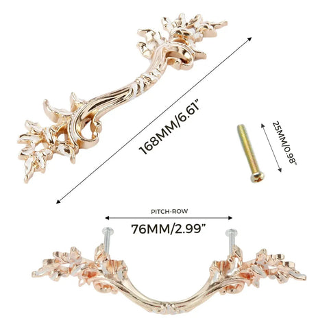 Gold Antique Dresser Handles Set Vintage French Provincial Style Cabinet Pulls with 2.99 Inch Hole Spacing, shown with dimensions